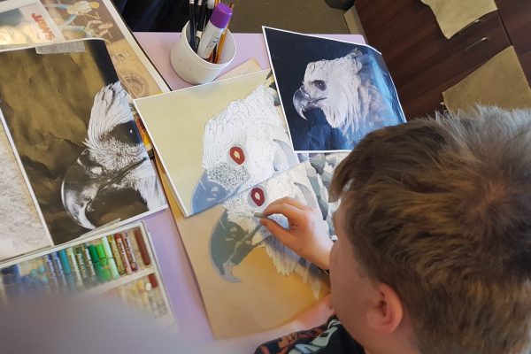 2 - Alex working on his Harpy Eagle Artwork